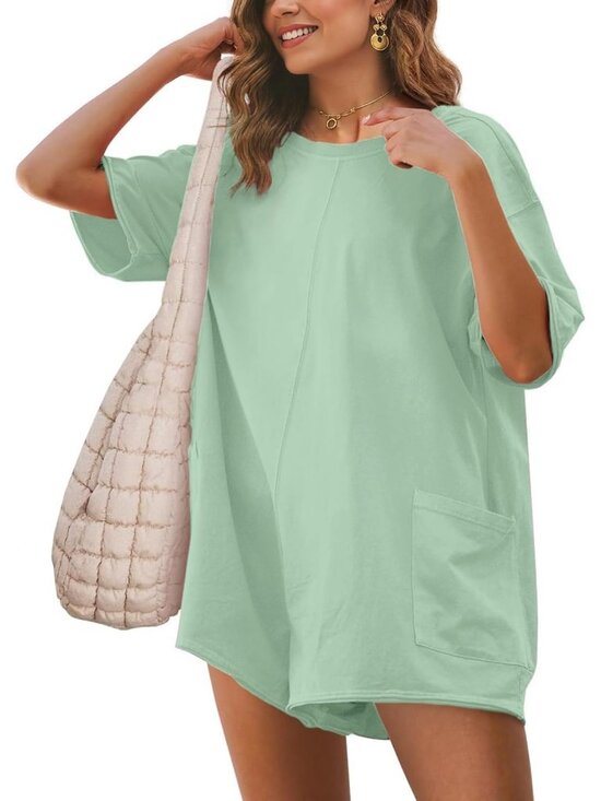 Pants - Womens Bean Green Summer Casual Onesie Backless Loose Short Oversized Tee Romper